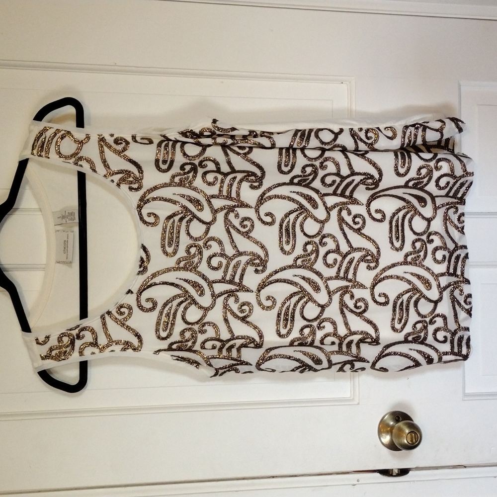 Chico's White Tank with Gold Sequined Paisley XL